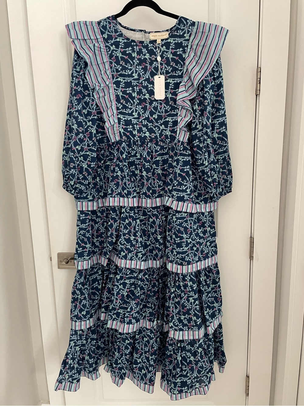 NEW Simply Southern Blue Ribbon Bows Tiered Ruffle Prairie Dress NWT.   G16